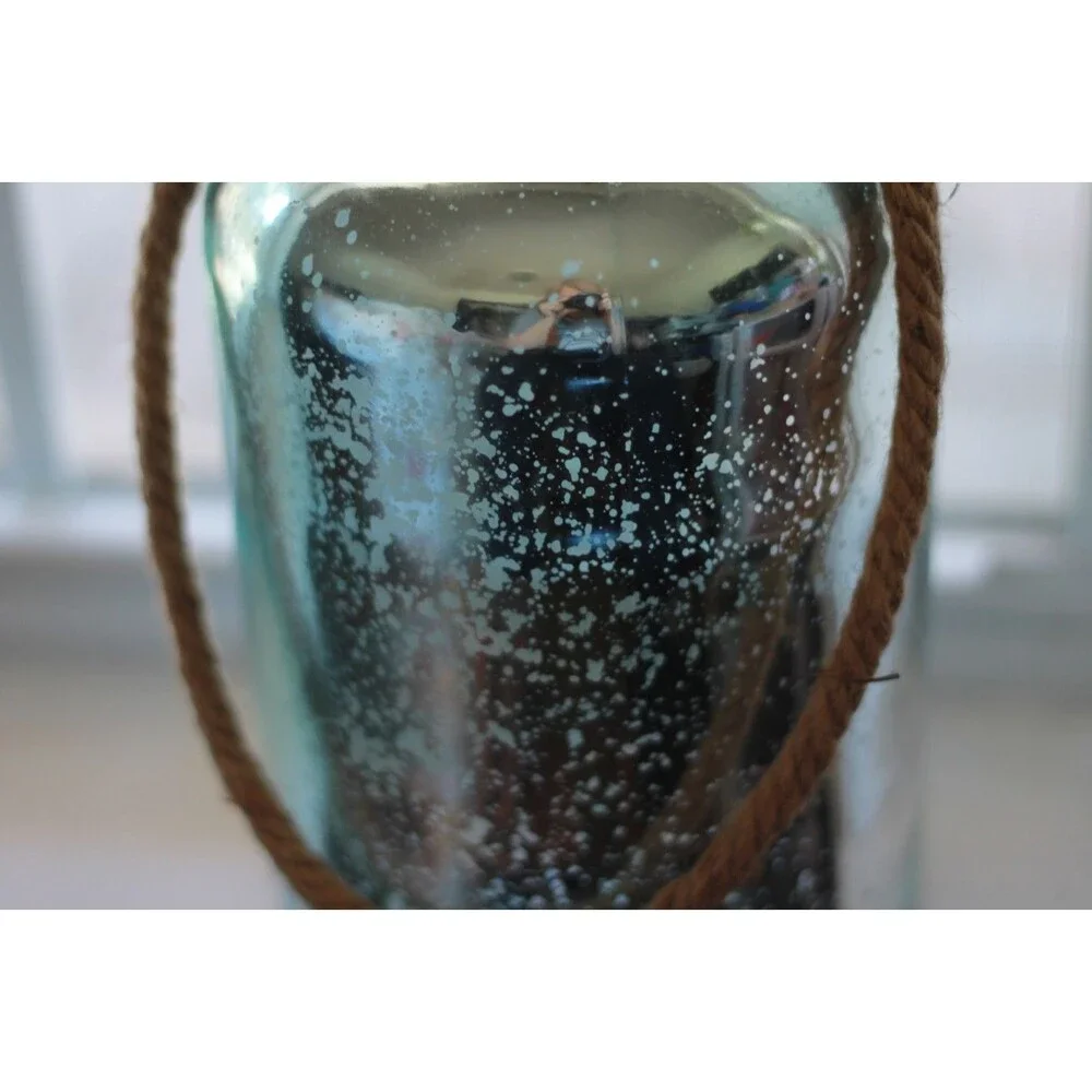 Mark Feldstein Mercury Teal Glass Canister Jar Vase Candle Holder Jute Handle